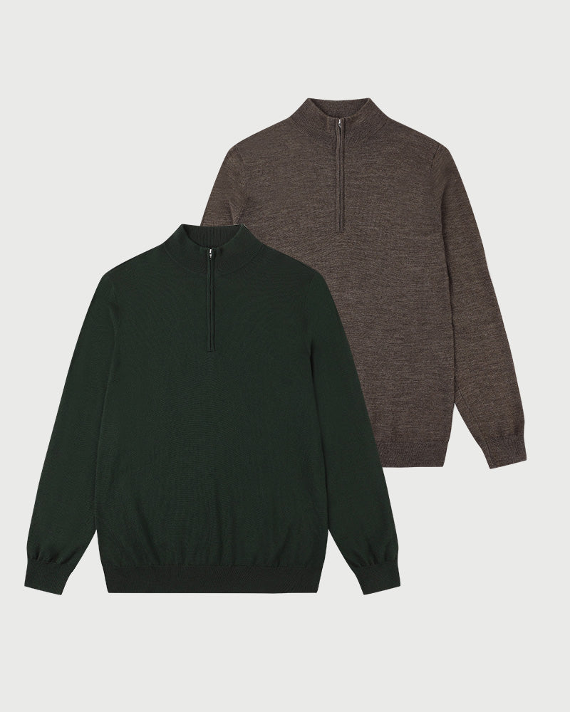 2pk Kvist Merino 3/4-Zip Green + Brown