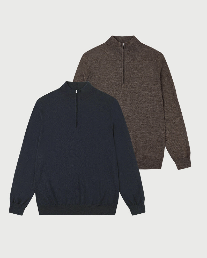 2pk Kvist Merino 3/4-Zip Navy + Brown